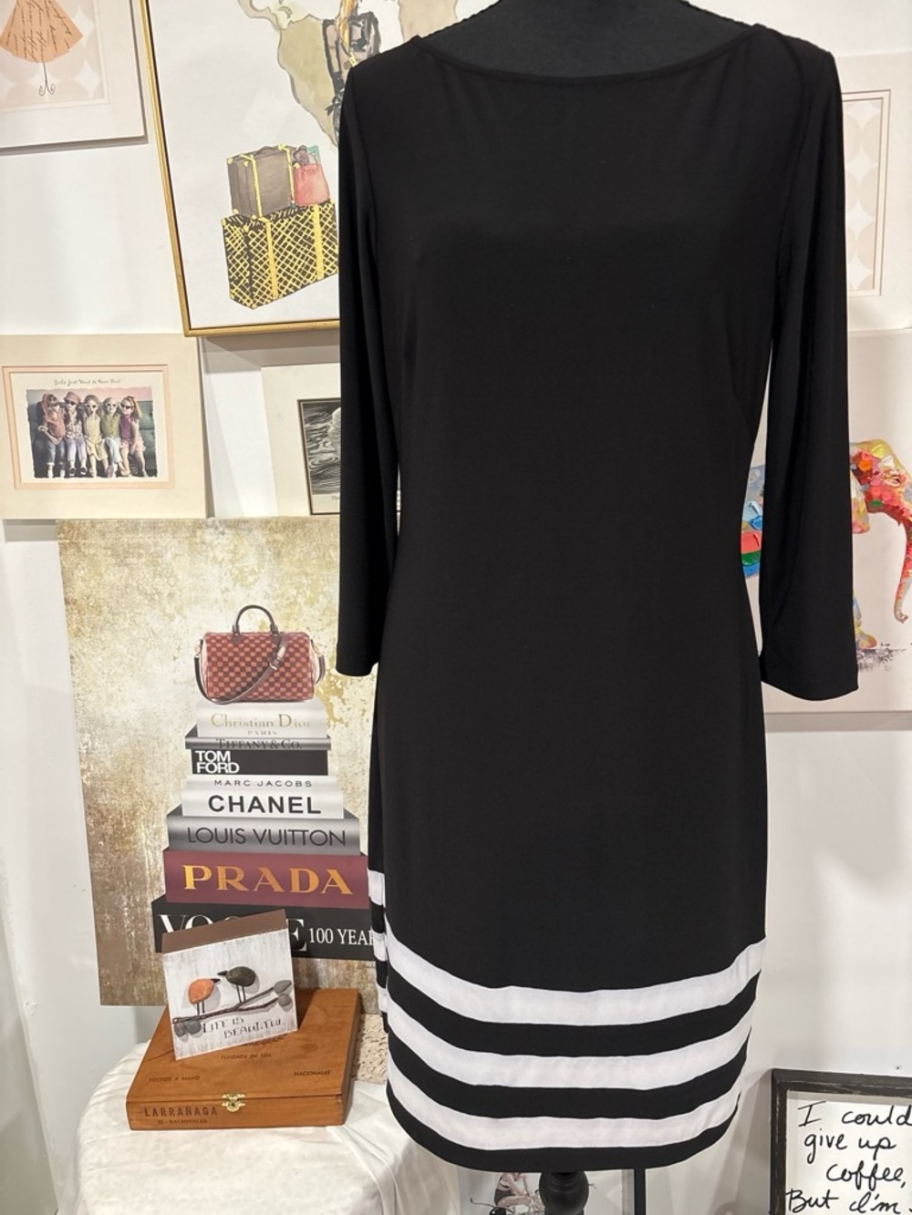 Chaps Black Boatneck Dress with White Stripe Hem